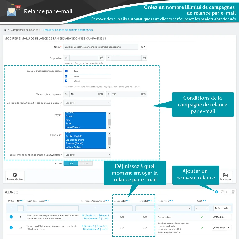 Présentation de la campagne de rappel par e-mail dans le module PrestaShop de rappel de panier abandonné
