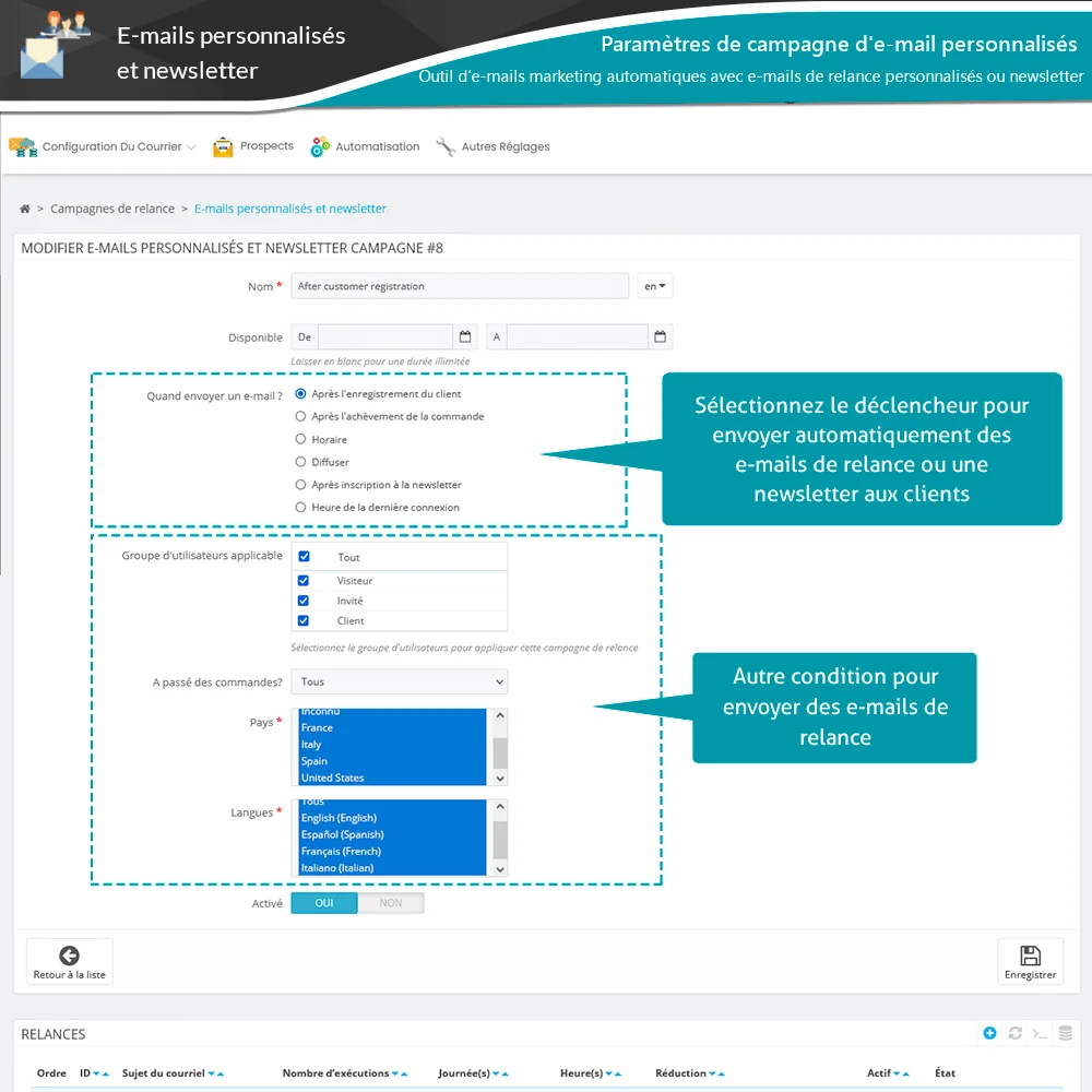 Configuration personnalisée de la campagne d'e-mail