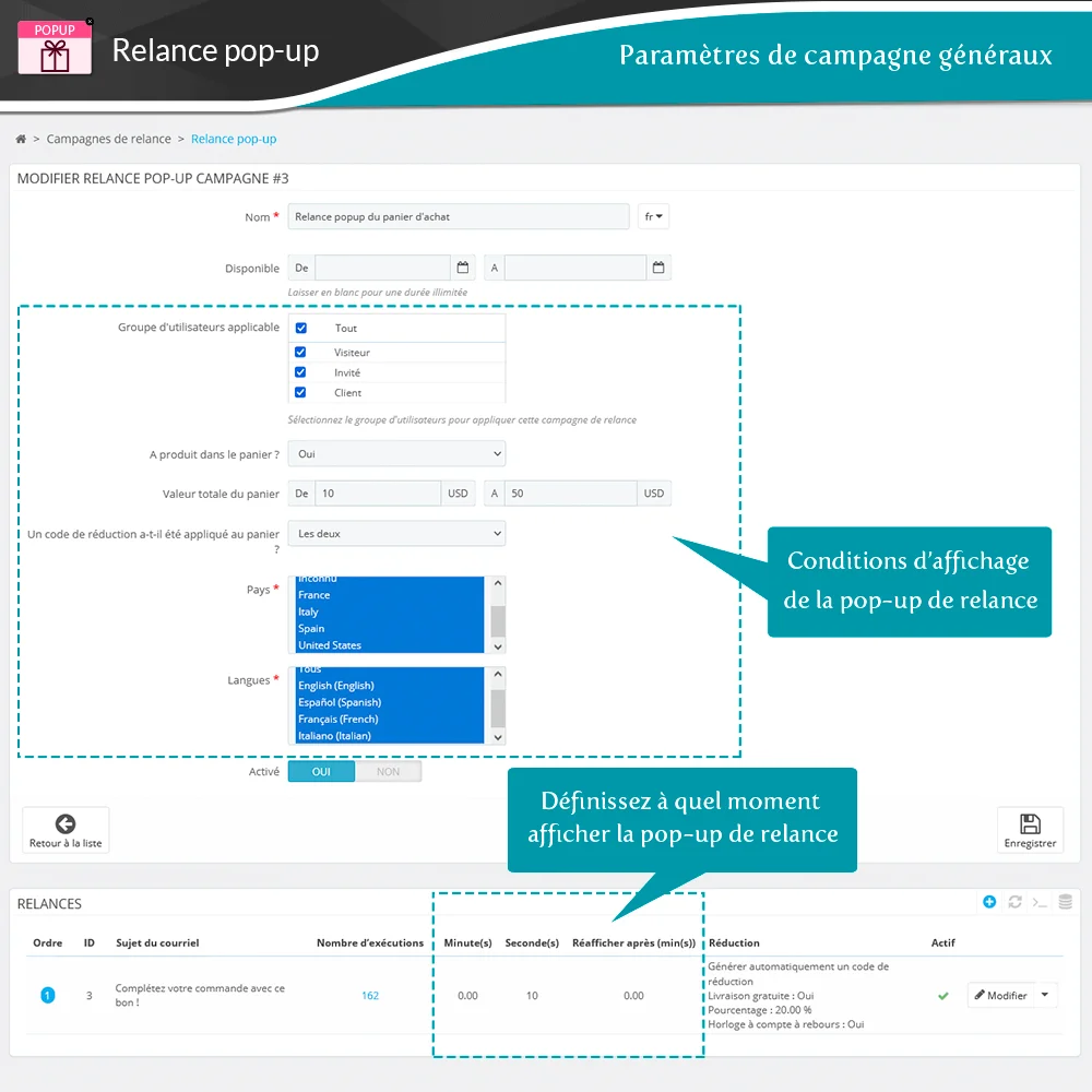 Paramètres généraux de la campagne de rappel de popup