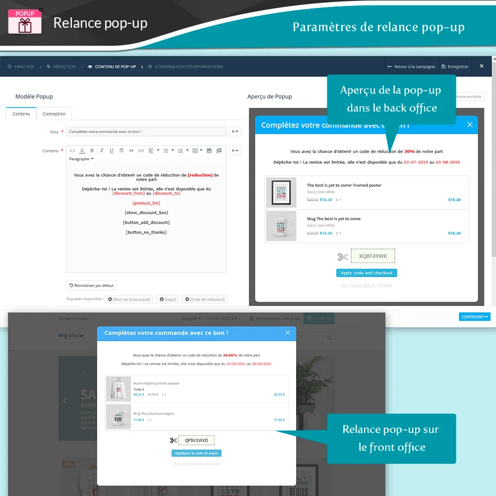 Paramètres de rappel de popup