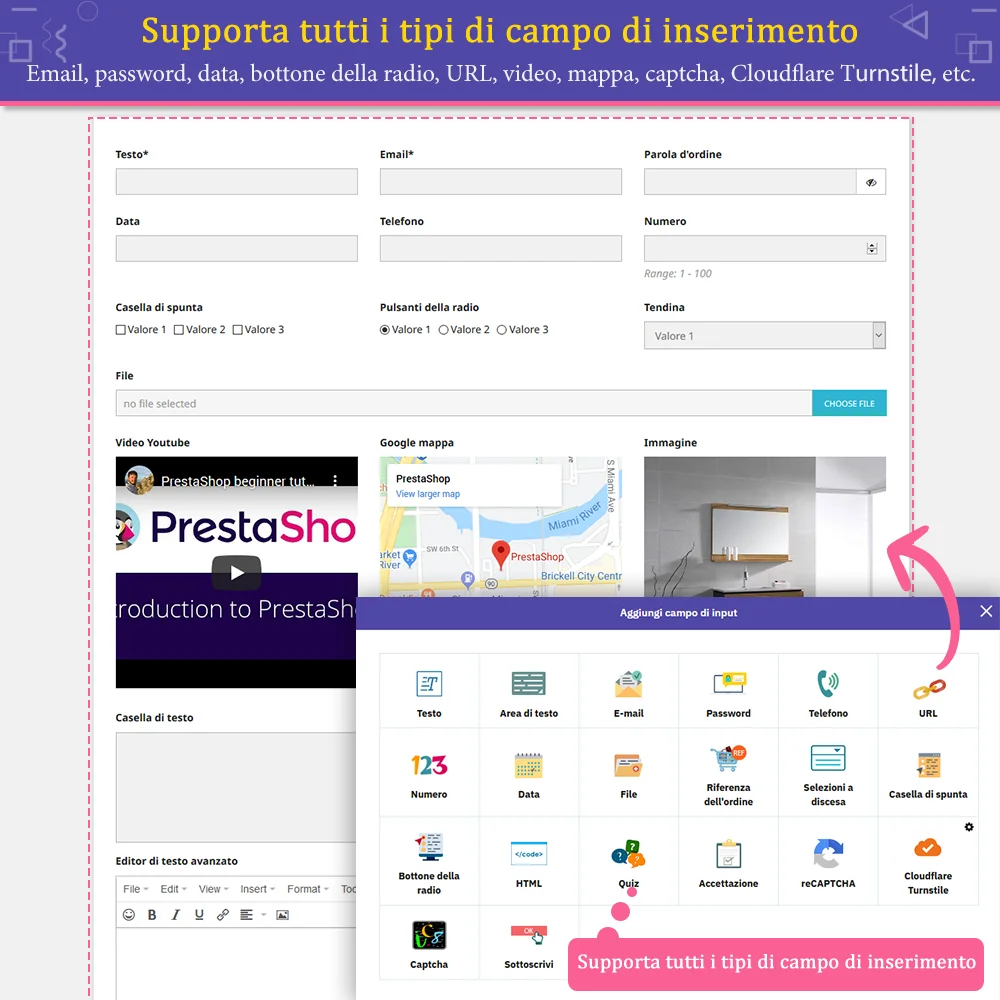 Il modulo di modulo di contatto PrestaShop supporta tutti i tipi di campi di input