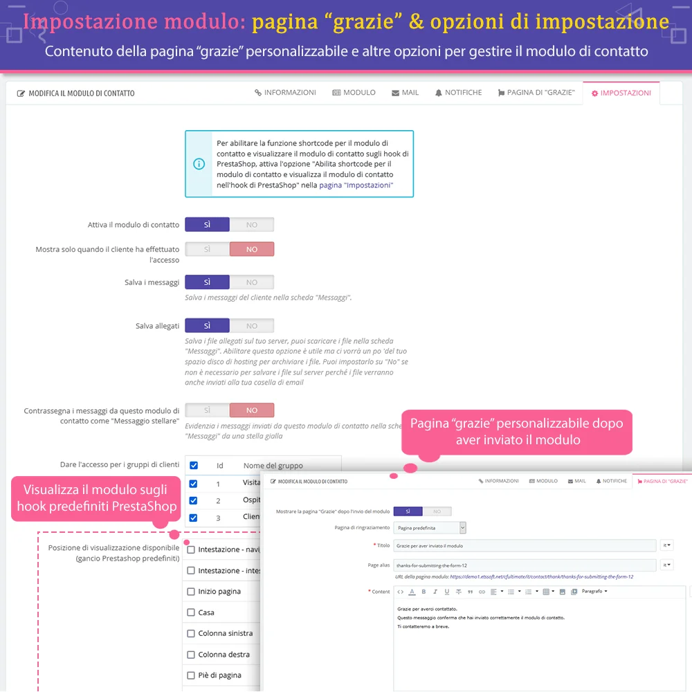 Pagina di "Grazie" e altre opzioni di configurazione