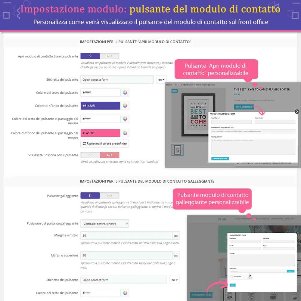 Opzioni di configurazione del pulsante di modulo di contatto PrestaShop