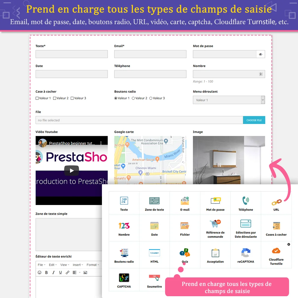 Le module de formulaire de contact PrestaShop prend en charge tous les types de champs de saisie