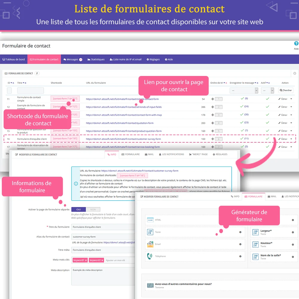 Présentation de la liste de formulaires de contact dans le module
