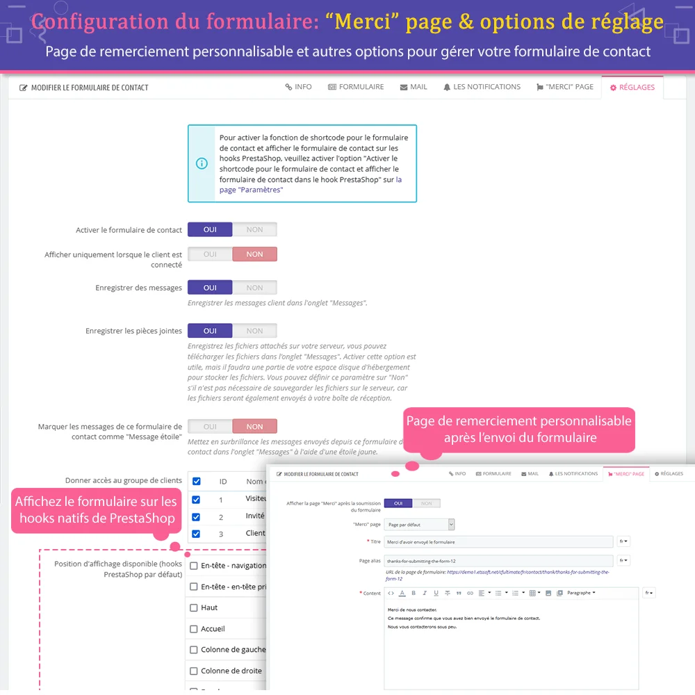 Page de "Merci" et autres options de configuration