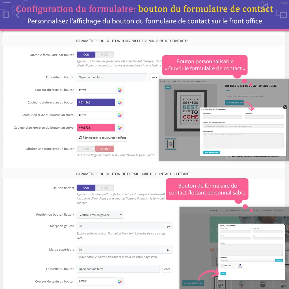 Options de paramétrage du bouton de formulaire de contact PrestaShop