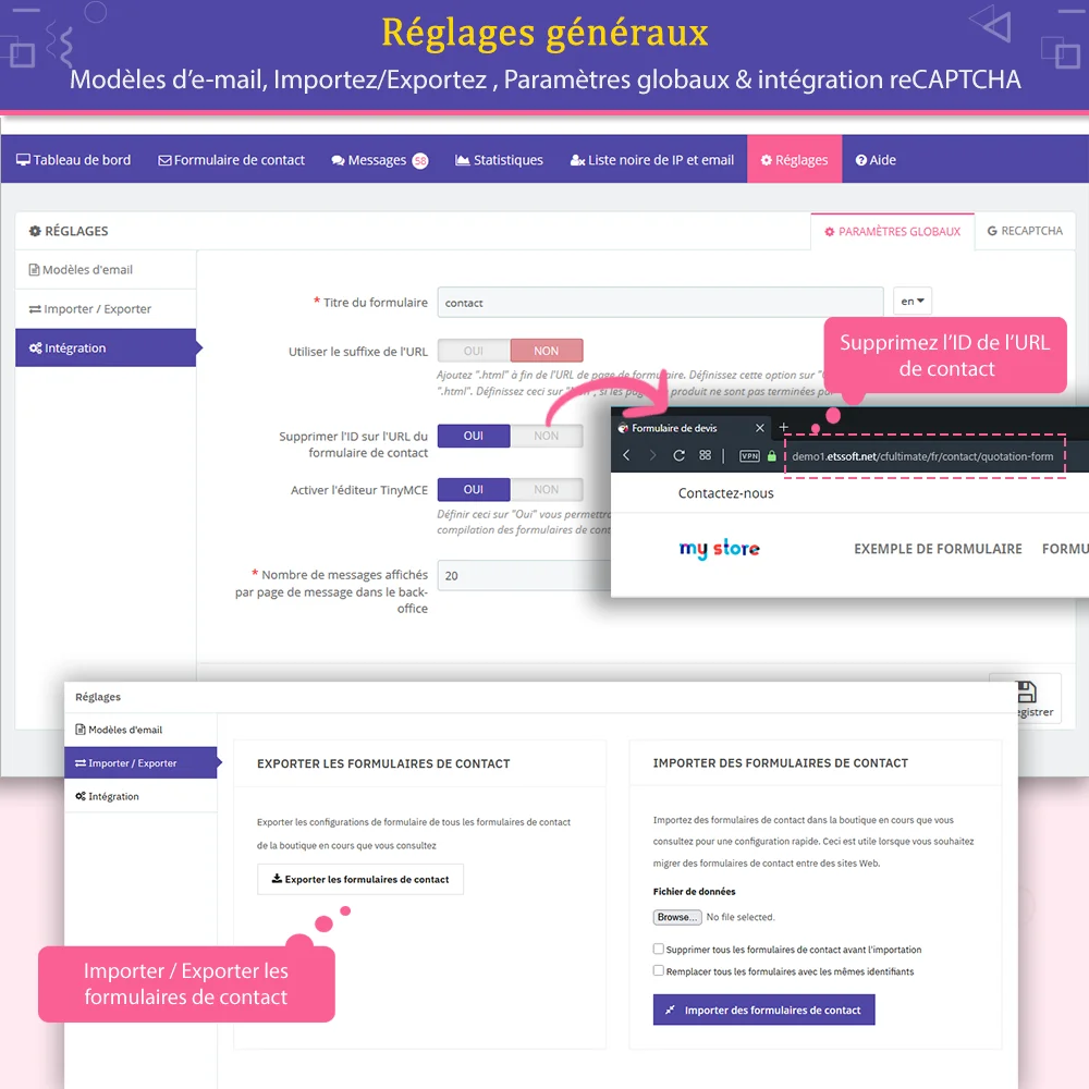 Paramètres généraux du module de formulaire de contact PrestaShop