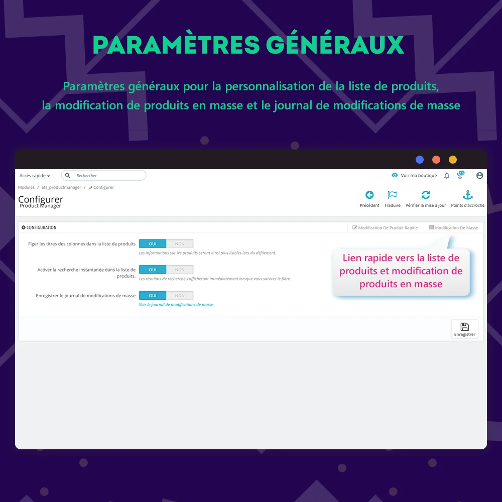 Paramètres généraux du module de modification en masse PrestaShop