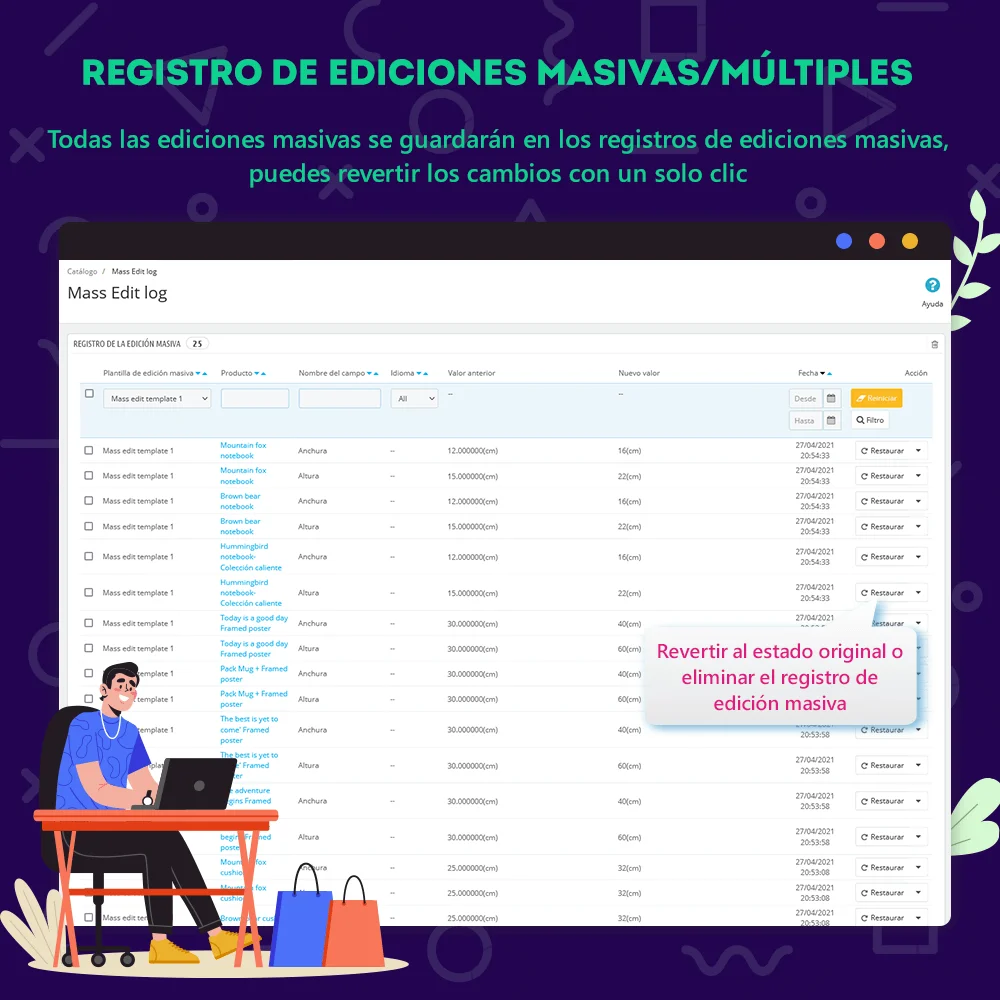 Presentación de la función de "registro de edición masiva" del módulo gestor de productos de PrestaShop