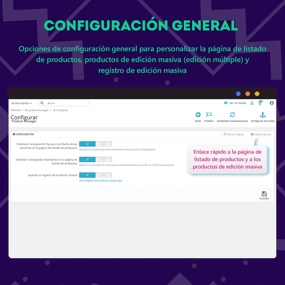 Configuración general del módulo de edición masiva de PrestaShop