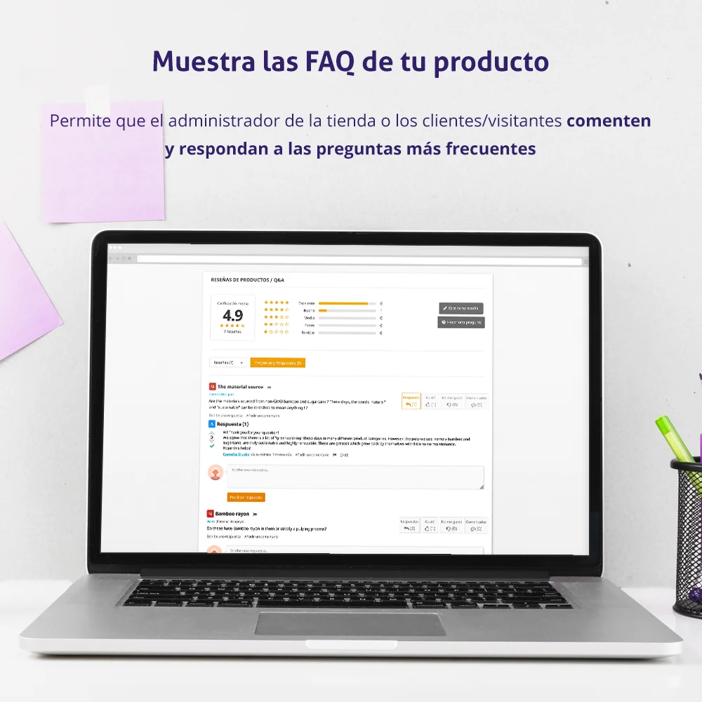 El módulo de reseñas de clientes de PrestaShop muestra preguntas frecuentes sobre productos