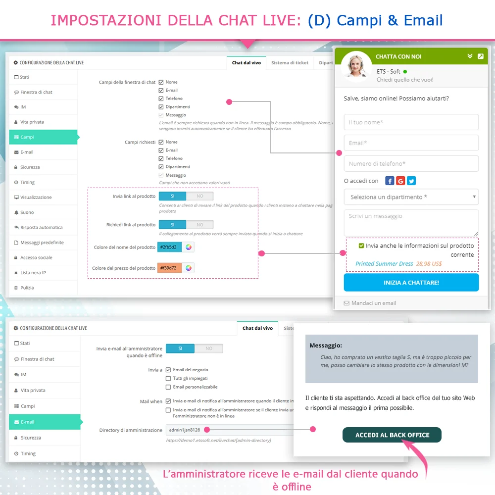 Impostazioni dei campi e delle email nel modulo di chat in diretta di PrestaShop