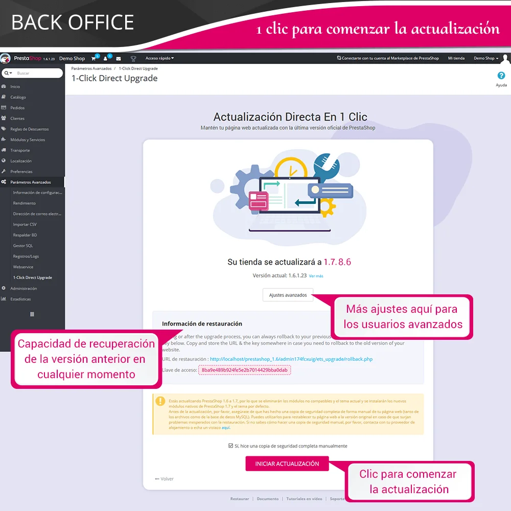 1 clic para iniciar la actualización