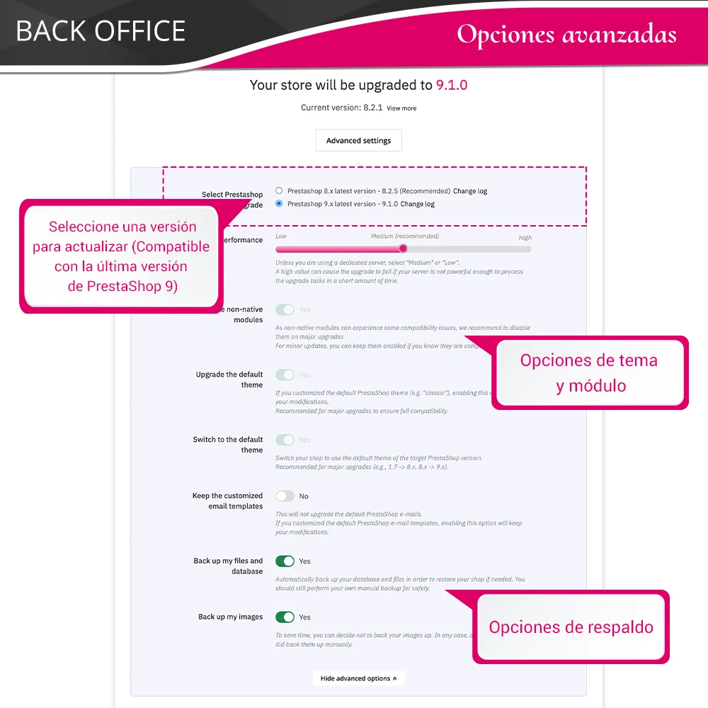 Opciones avanzadas del módulo de actualización de PrestaShop