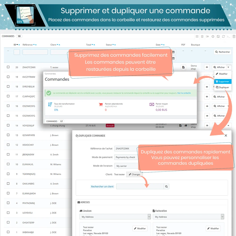 Suppression et duplication faciles des commandes avec le module exporter les commandes PrestaShop Suppression et duplication faciles des commandes avec le module exporter les commandes PrestaShop