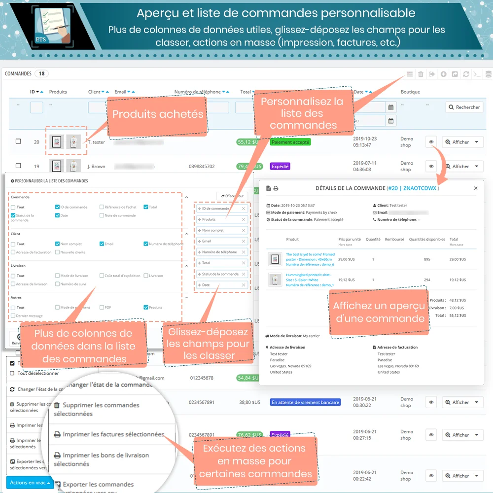 Aperçu rapide et page de liste de commandes personnalisable