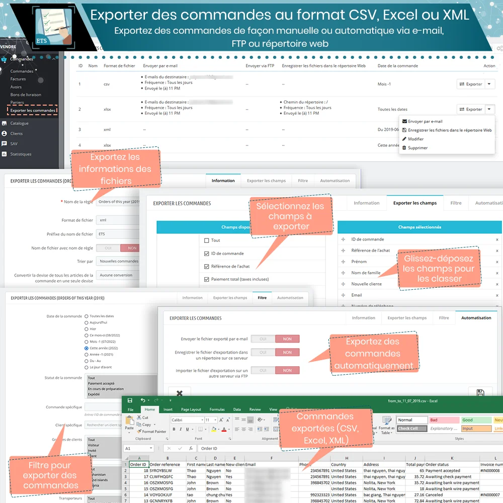 Exporter les commandes vers CVS, Excel et XML