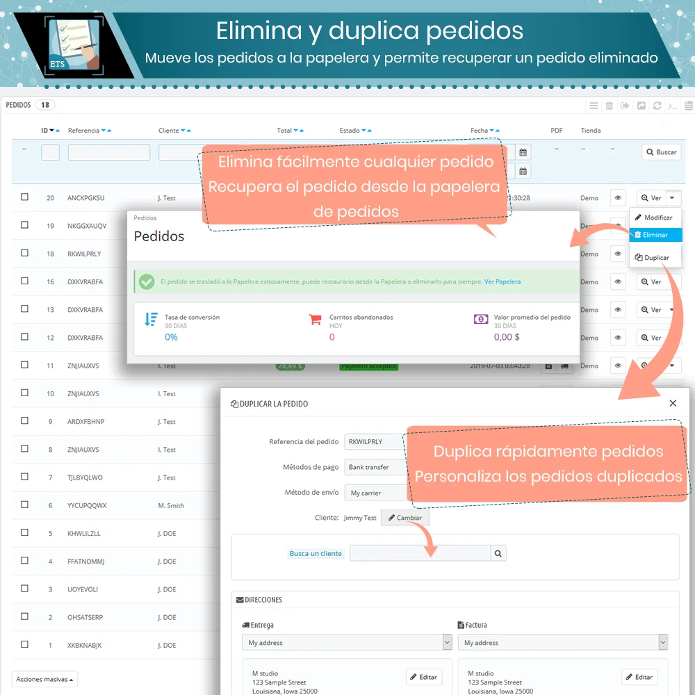 Eliminación y duplicación fácil de pedidos con el módulo de exportación de pedidos de PrestaShop Eliminación y duplicación fácil de pedidos con el módulo de exportación de pedidos de PrestaShop