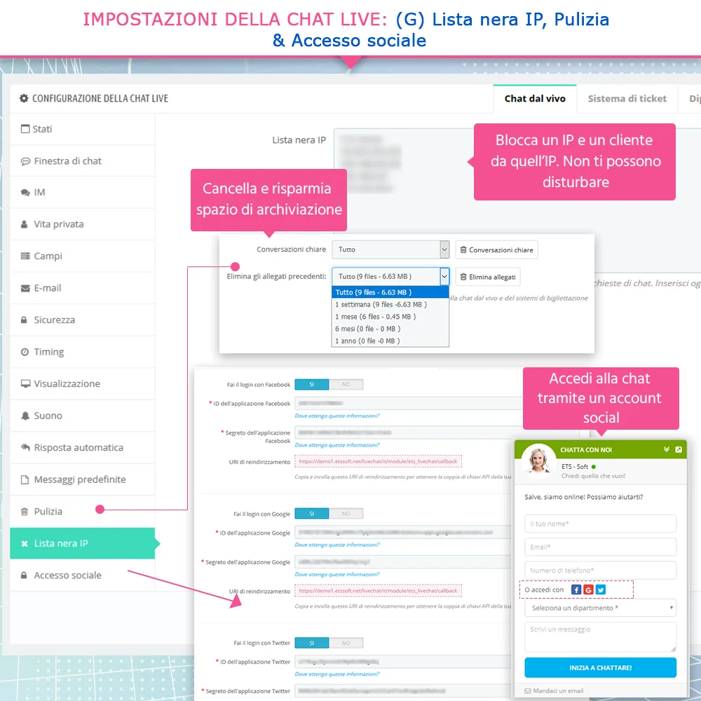 Impostazioni della lista nera degli IP, pulizia e accesso tramite social login