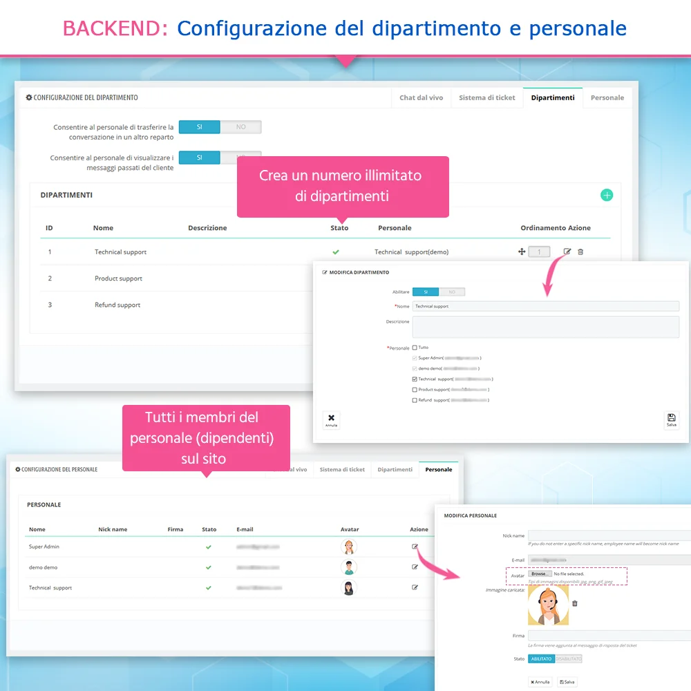 Impostazioni dei reparti e del personale nel modulo di chat in diretta di PrestaShop