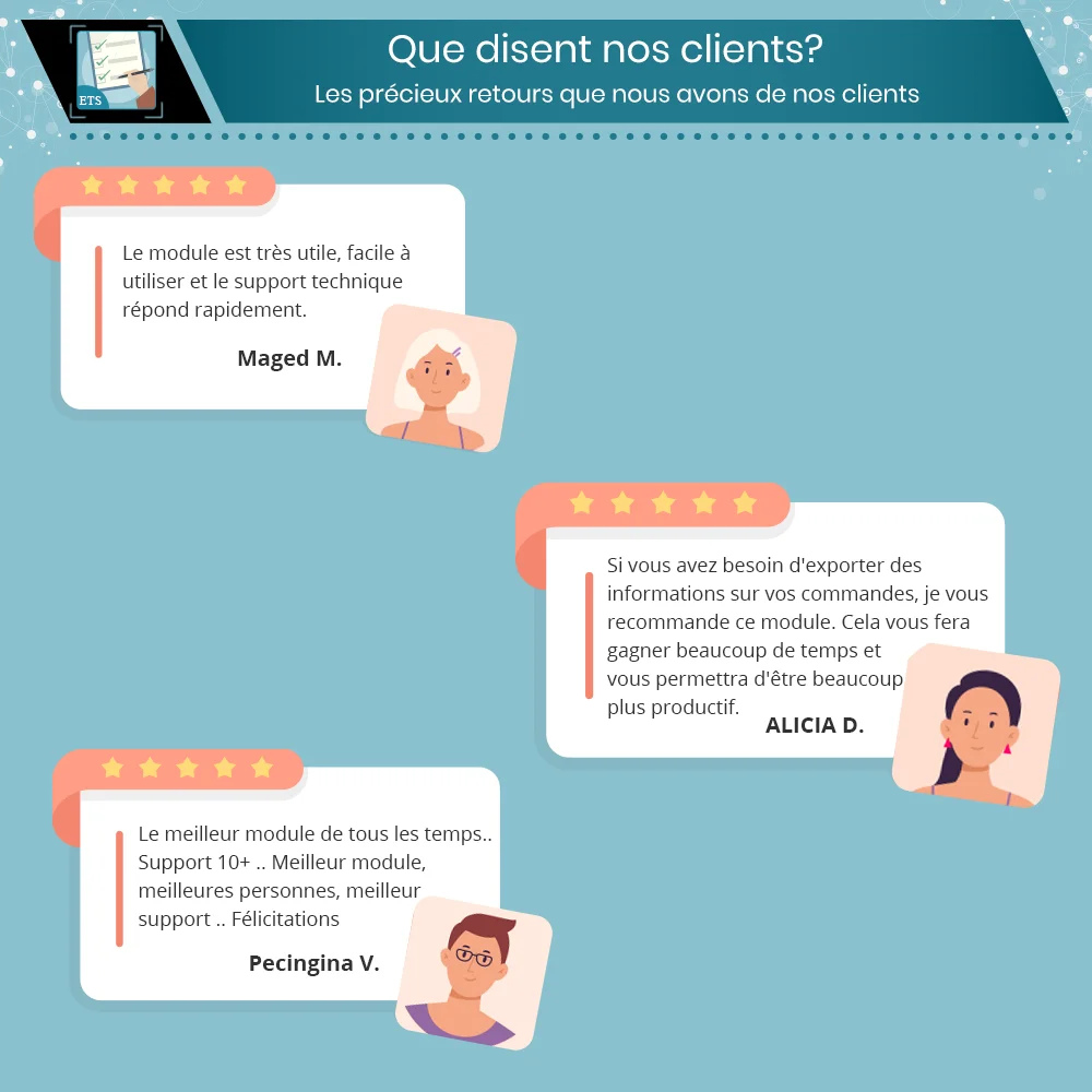 Les commentaires des clients sur notre module exporter les commandes PrestaShop