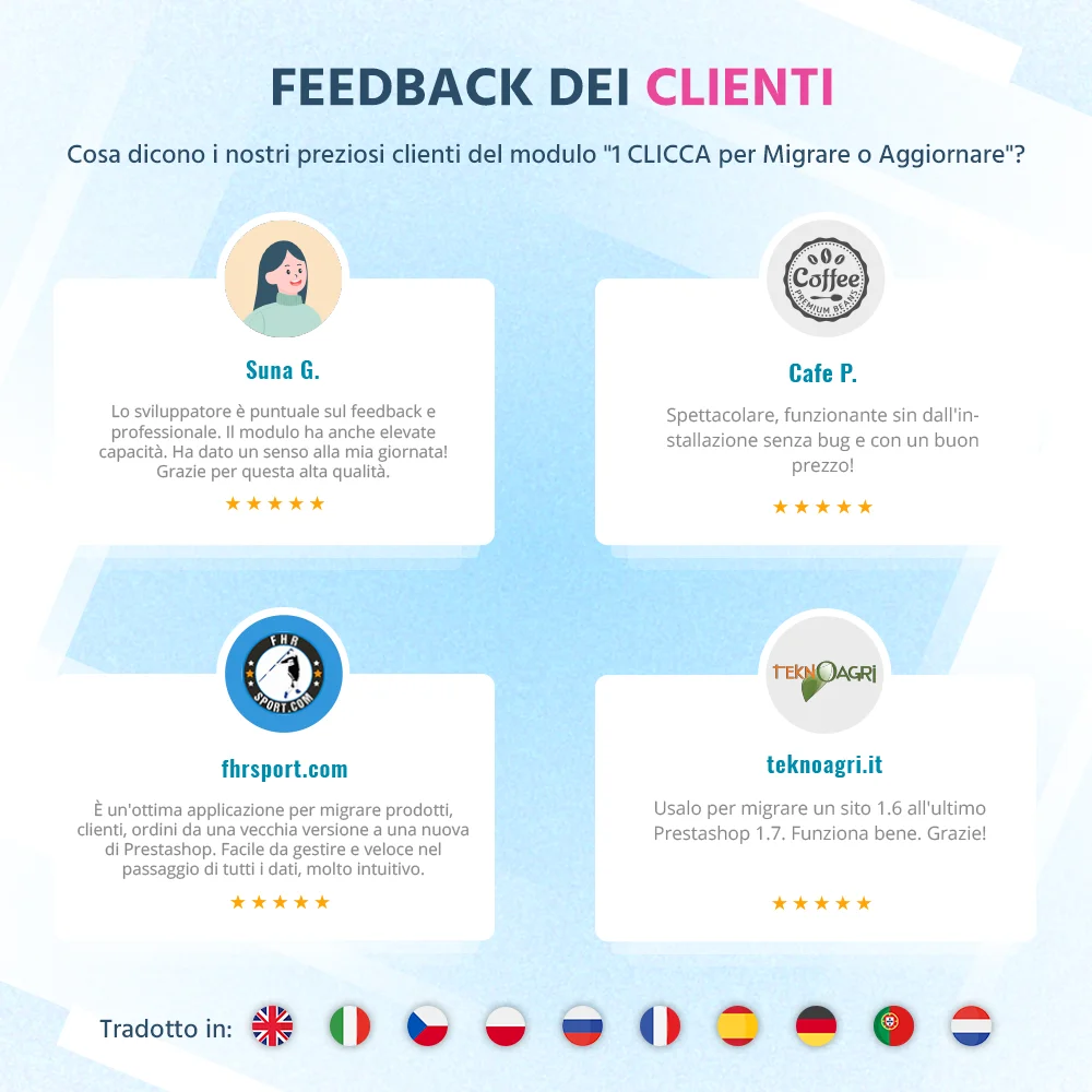 Feedback dei clienti sul nostro modulo di migrazione PrestaShop