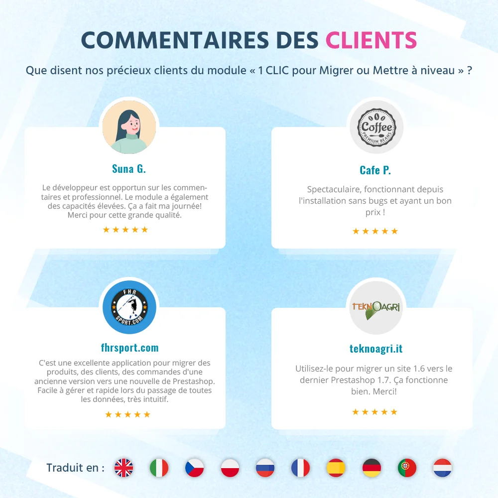 Avis des clients sur notre module de migration PrestaShop