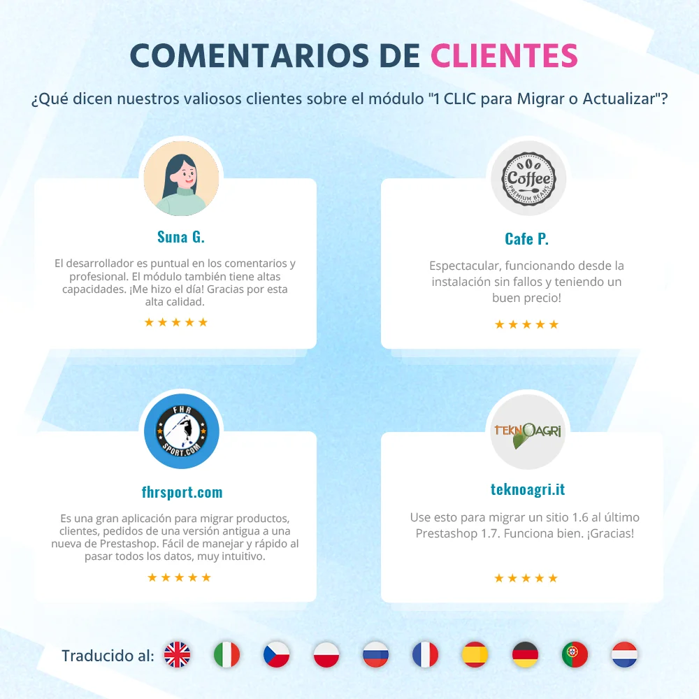 Opiniones de clientes sobre nuestro módulo de migración PrestaShop Opiniones de clientes sobre nuestro módulo de migración PrestaShop