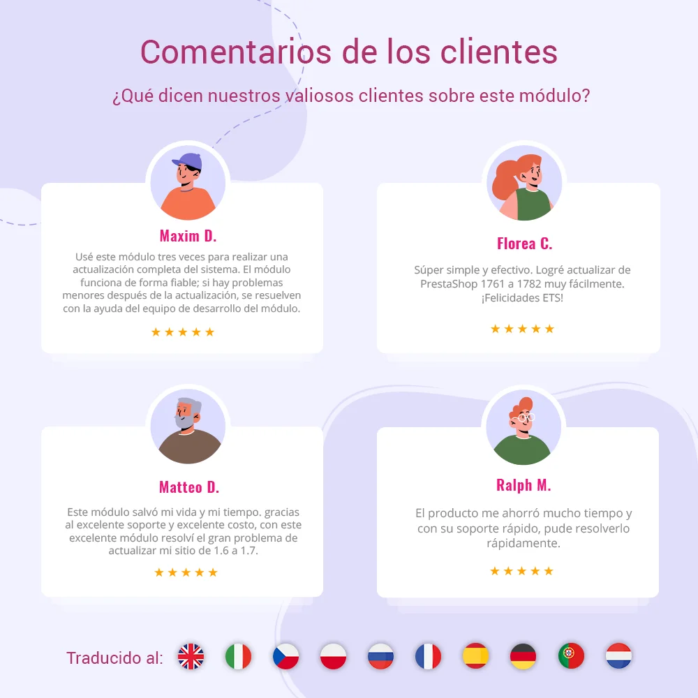 Opiniones de los clientes sobre nuestro módulo de actualización de PrestaShop