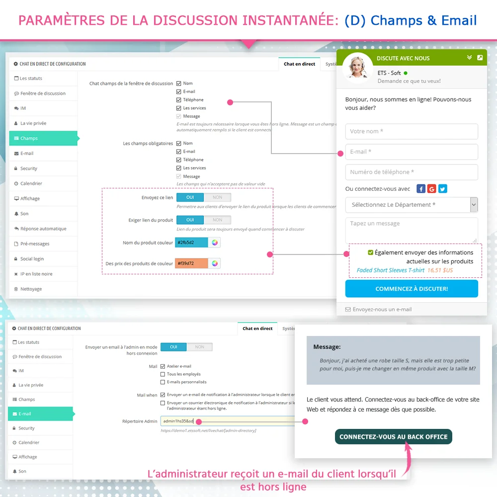 Paramètres de champs et d'e-mails dans le module de chat en direct PrestaShop