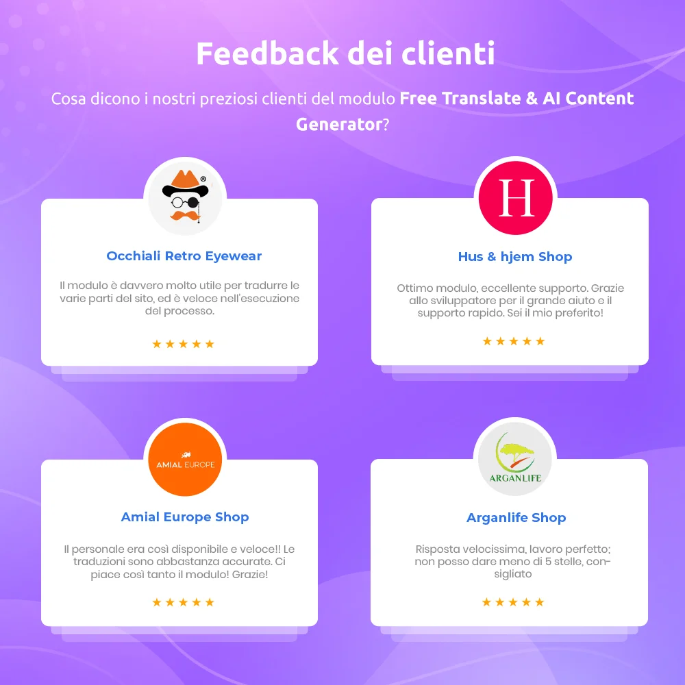 Feedback dei clienti sul nostro modulo di traduzione di PrestaShop