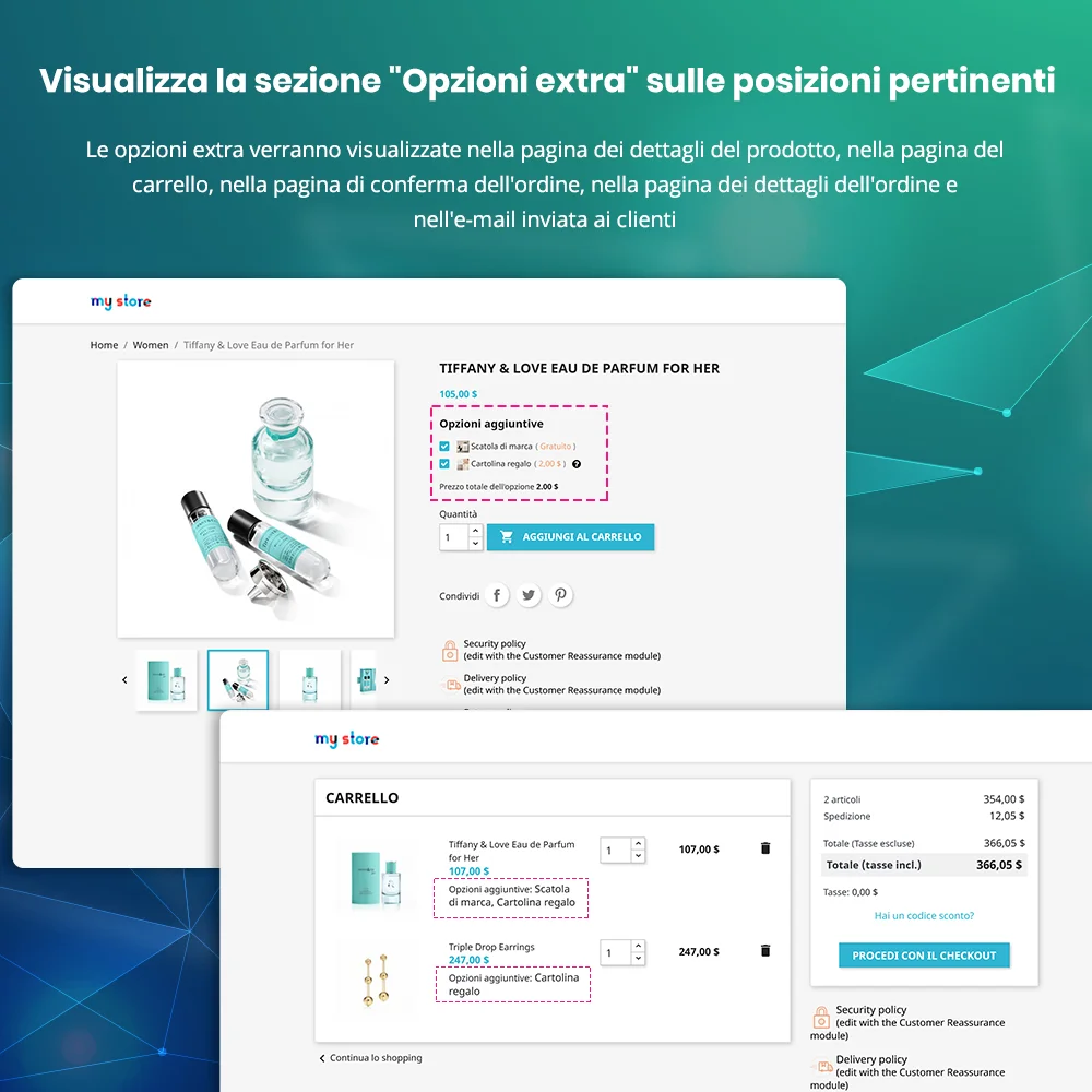 Visualizza la sezione "Opzioni extra" in posizioni rilevanti
