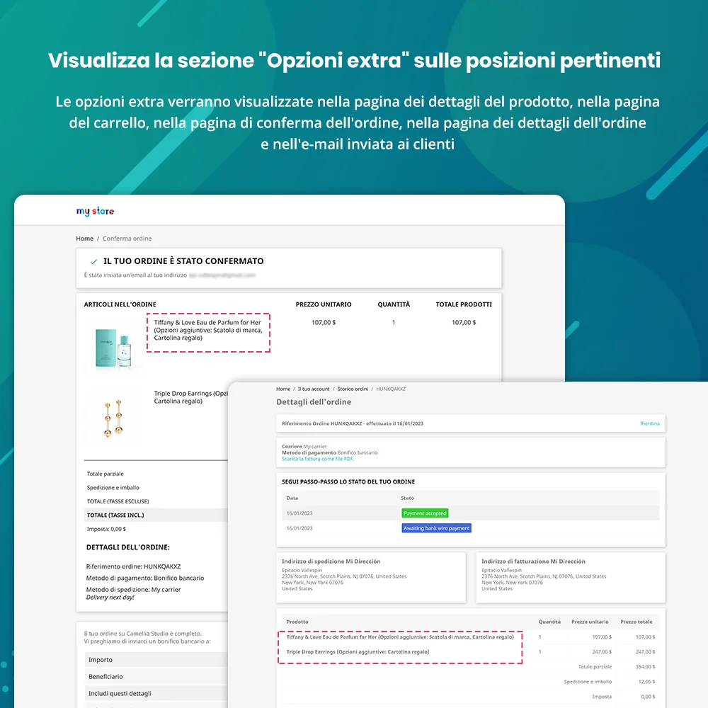 Visualizza la sezione "Opzioni extra" in posizioni rilevanti