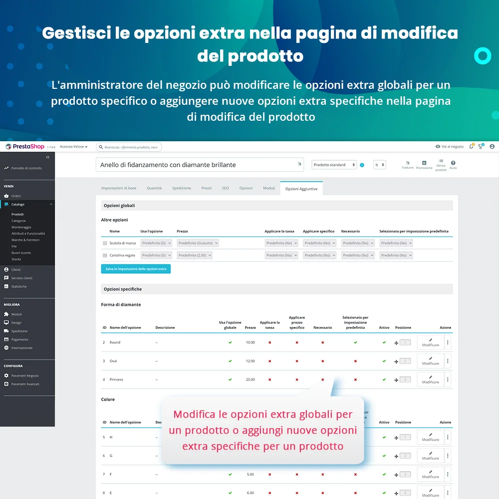 Gestire le opzioni extra sulla pagina di modifica del prodotto