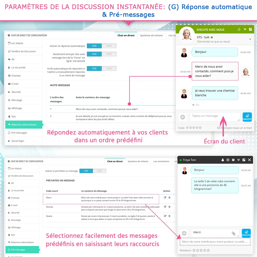 Paramètres de réponse automatique et de messages pré-enregistrés