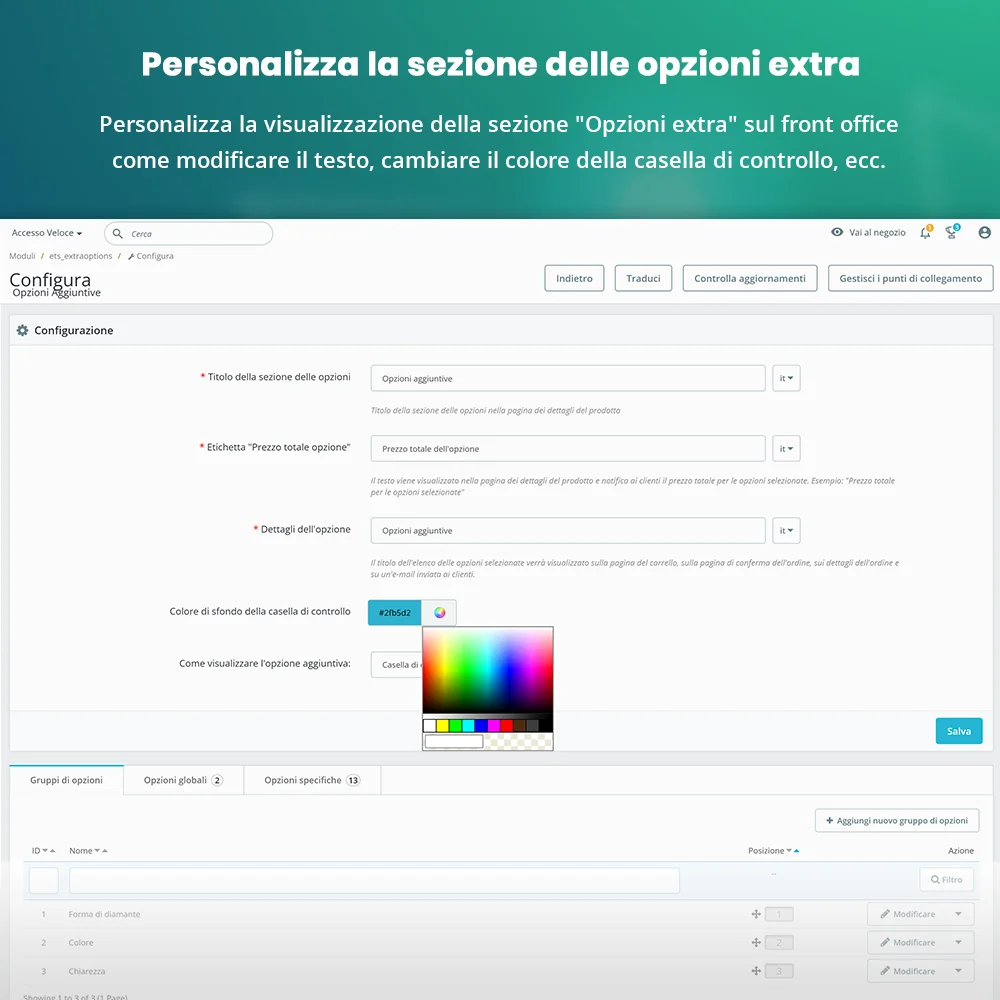 Personalizza la sezione delle opzioni extra