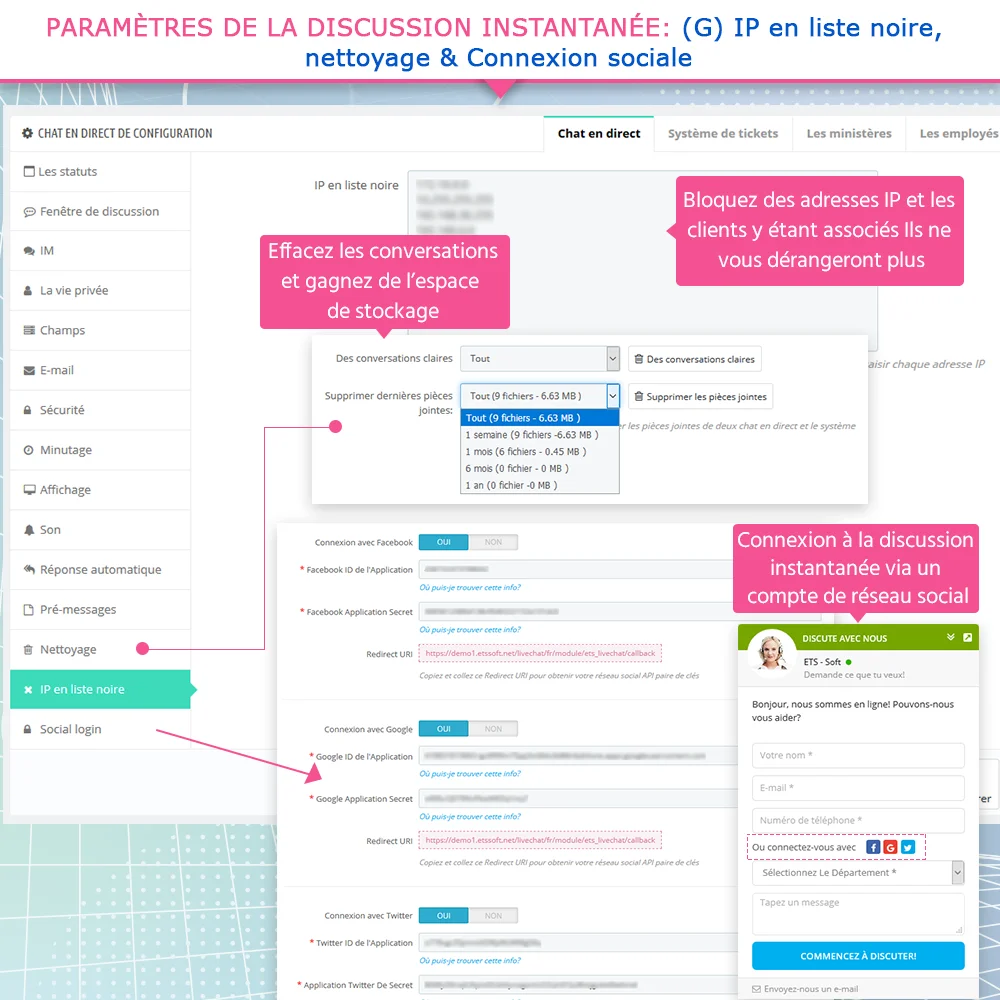 Paramètres de liste noire IP, de nettoyage et de connexion sociale