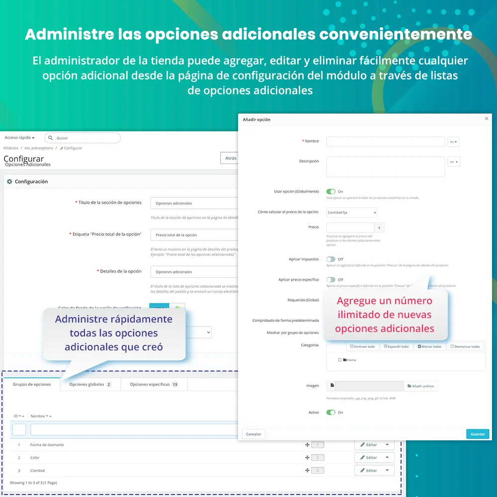 Gestionar las opciones adicionales de manera conveniente
