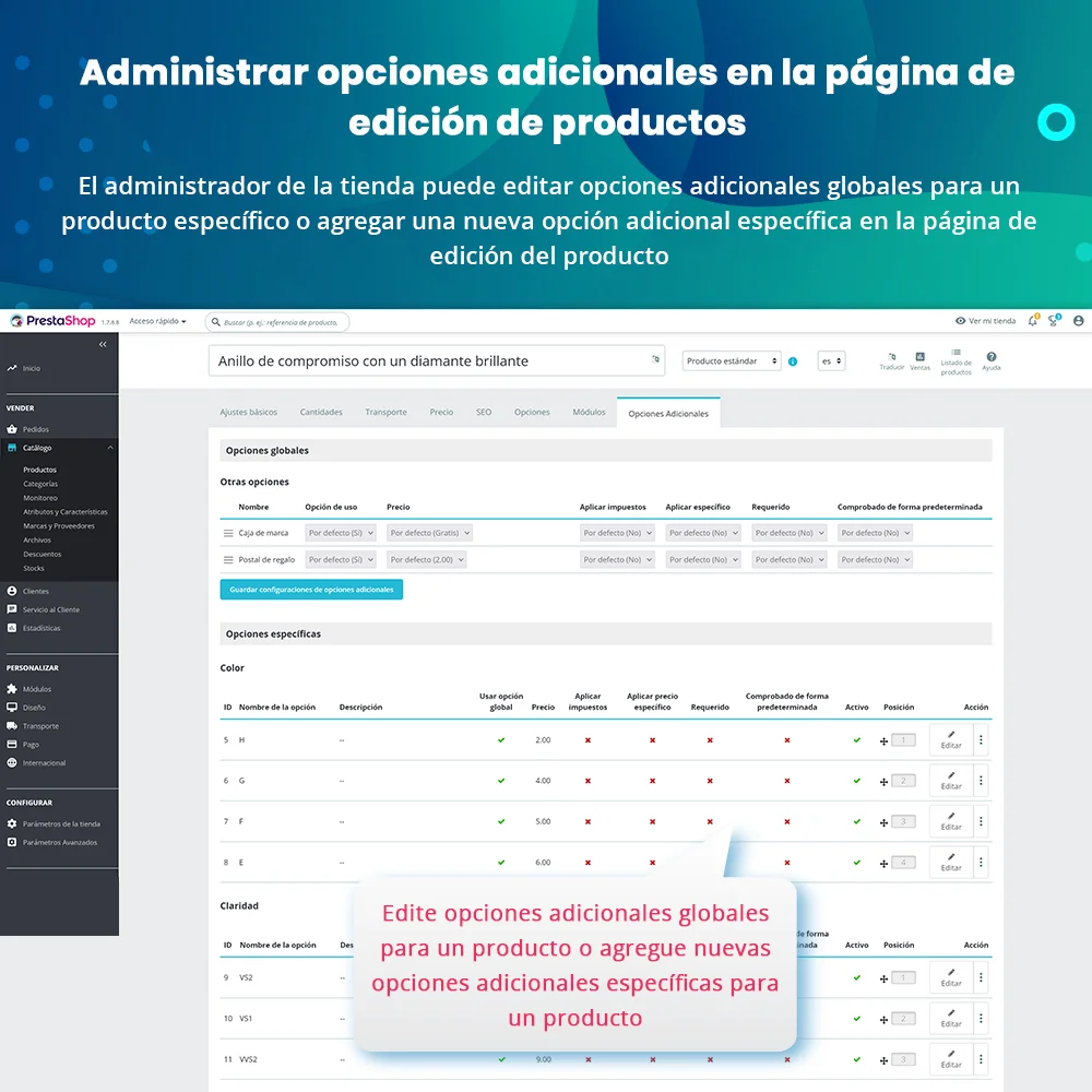 Gestionar las opciones adicionales en la página de edición del producto