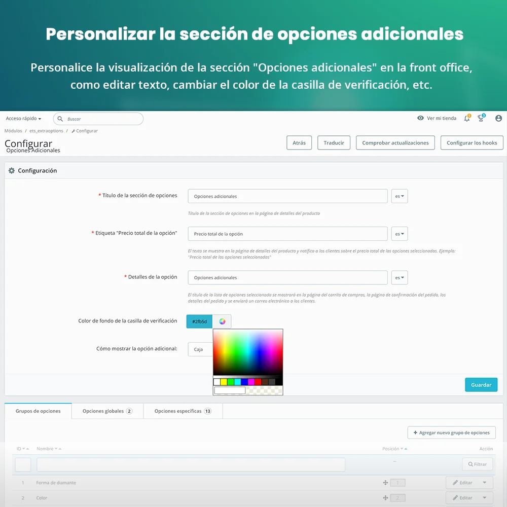 Personalizar la sección de opciones adicionales