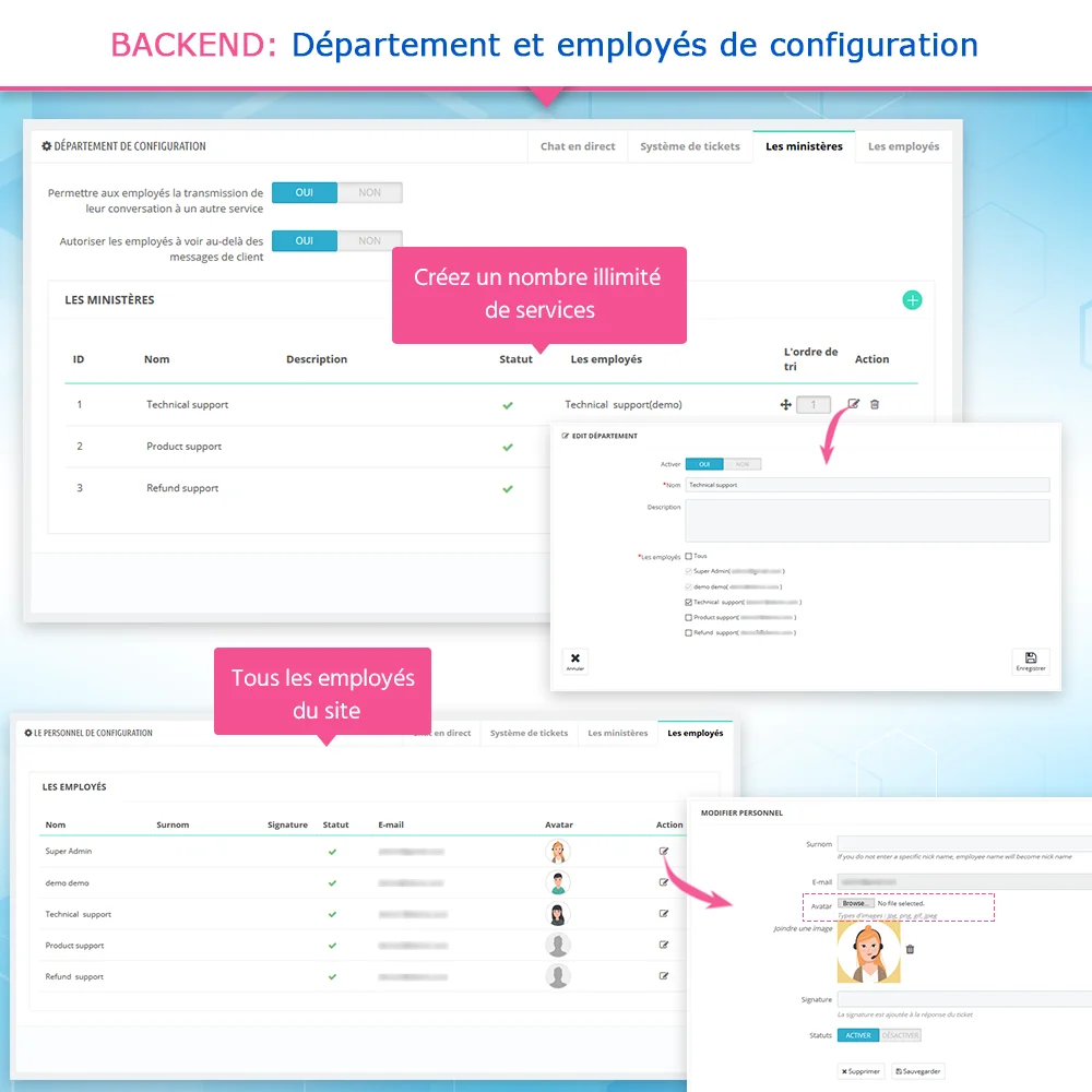 Paramètres de département et de personnel dans le module de chat en direct PrestaShop