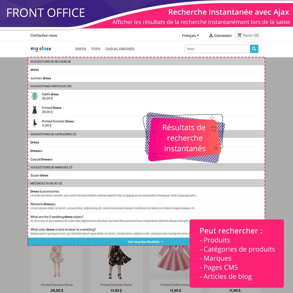 Le module de recherche PrestaShop prend en charge la recherche instantanée avec Ajax
