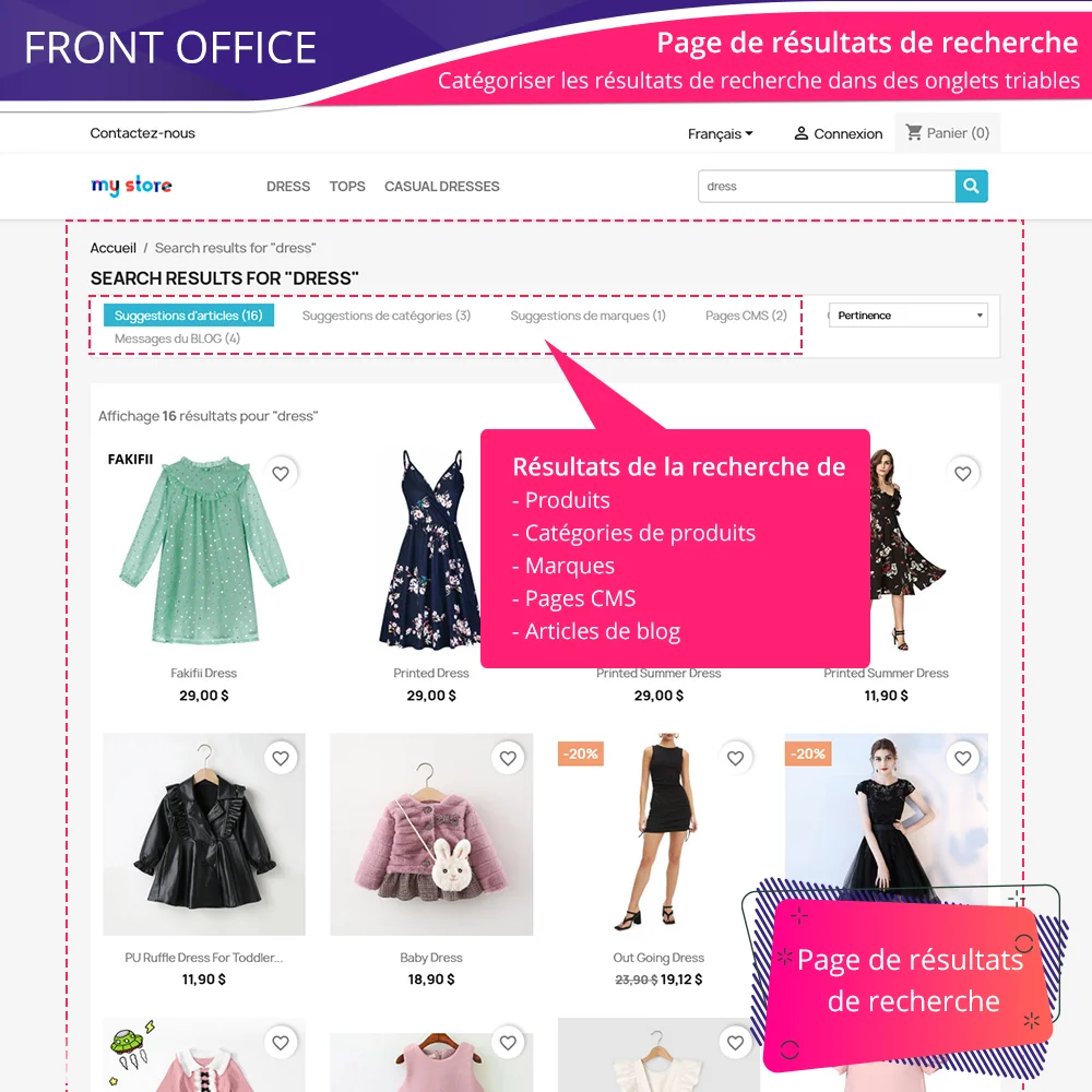 Le module de ricerca de PrestaShop fornisce una pagina dei risultati della ricerca e categorizzata in schede ordinabili
