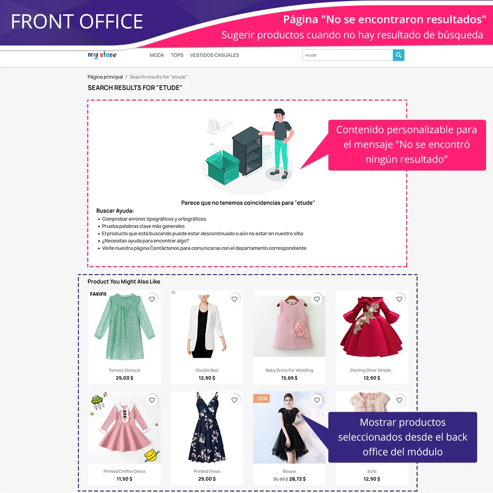 El módulo sugiere productos cuando no hay resultados de búsqueda