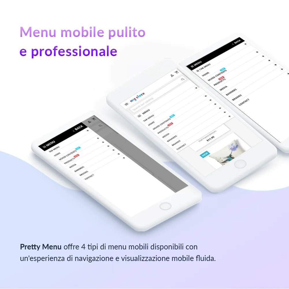 Il modulo menu mega PrestaShop offre 4 tipi di menu mobile disponibili