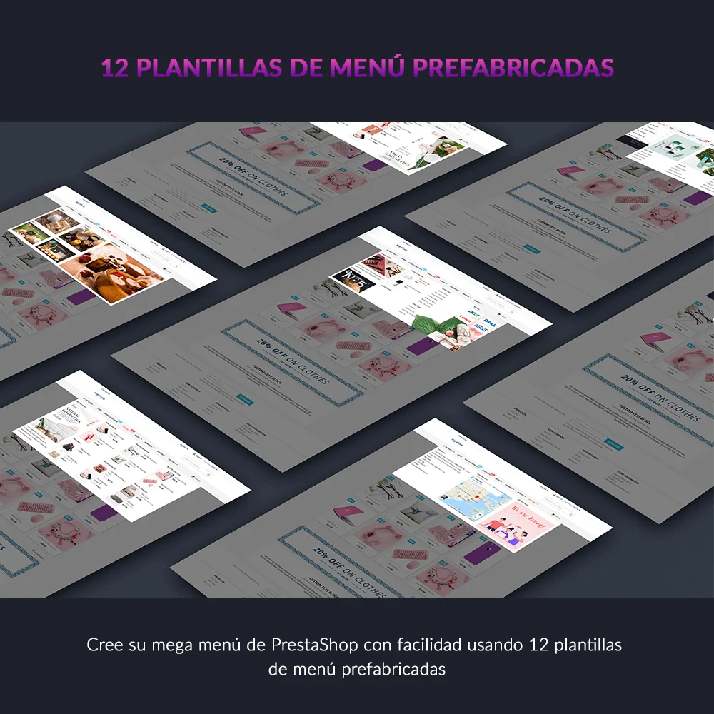 El módulo menú mega PrestaShop proporciona 12 plantillas de menú predefinidas El módulo menú mega PrestaShop proporciona 12 plantillas de menú predefinidas