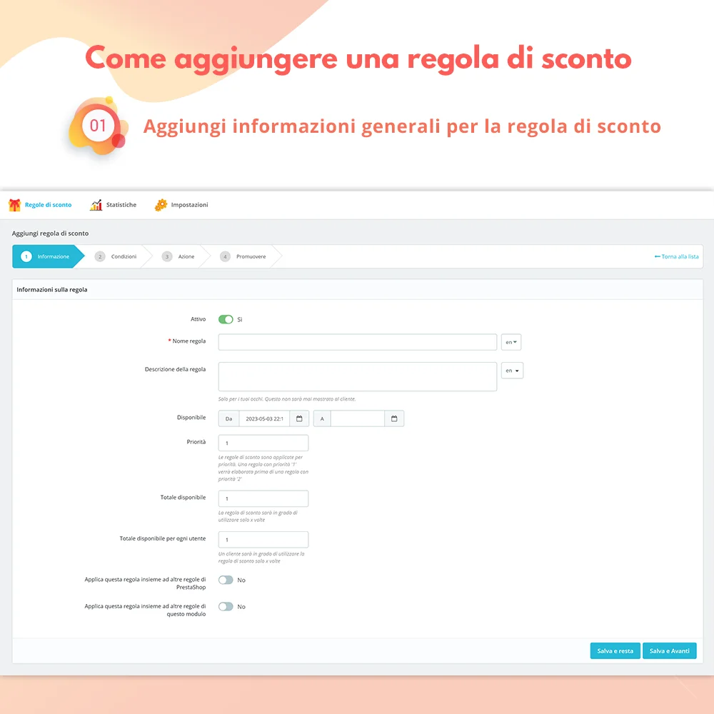 Come aggiungere una regola di sconto: passaggio 1