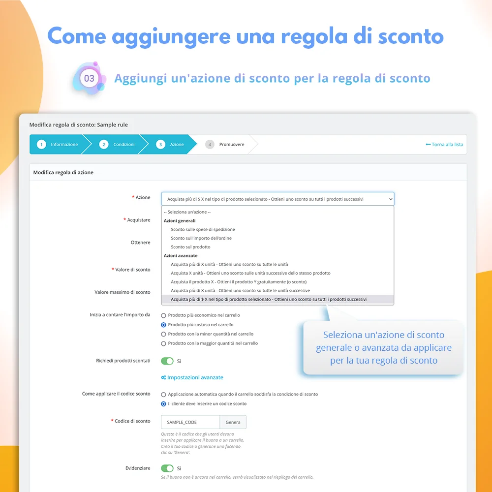 Passaggio 3: Aggiungi un'azione di sconto per la regola di sconto