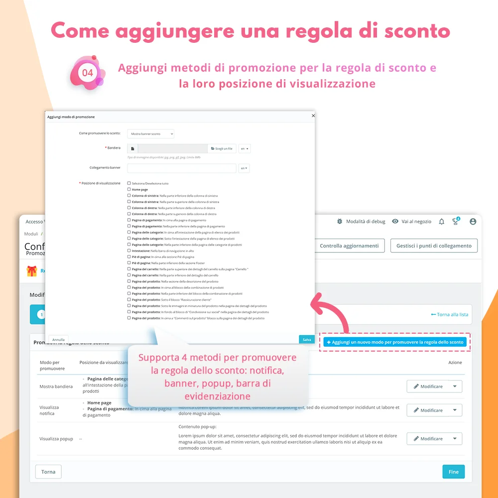 Passaggio 4: Aggiungi i metodi di promozione per la regola di sconto e la loro posizione di visualizzazione